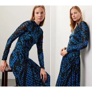 Diane Von Furstenberg Blue & Black Long-Sleeve Maxi Dress Medium